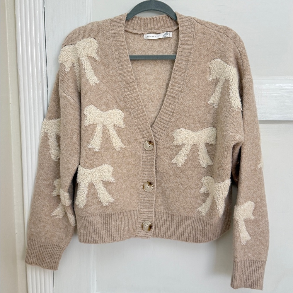 Cozy Beige Bow Knit Cardigan
